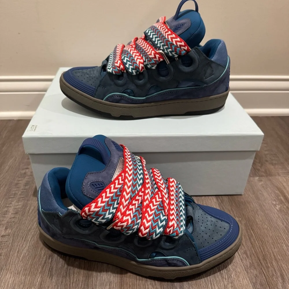 Lanvin Curb Blue Suede Leather Low Top Sneakers